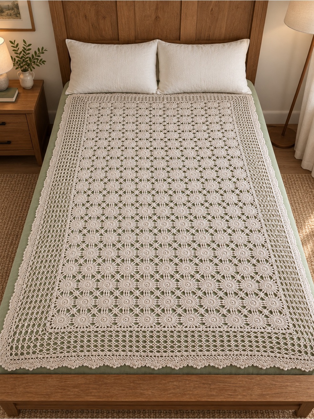 Beige Crochet Lace Twin Coverlet Floral Medallion Scalloped
